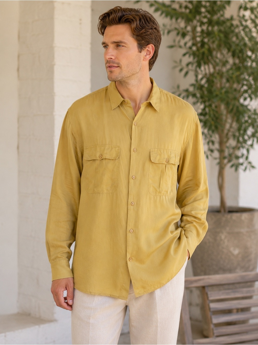 MY SILK Vtg. Shirt Mens L Gold Tan Button Front Long Sleeve 2 Pocket Collared